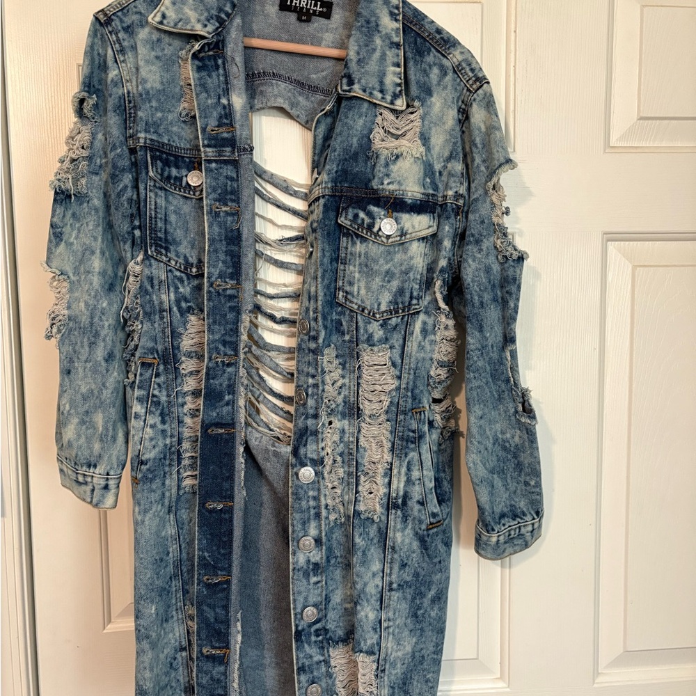 Distressed Denim Long Jacket